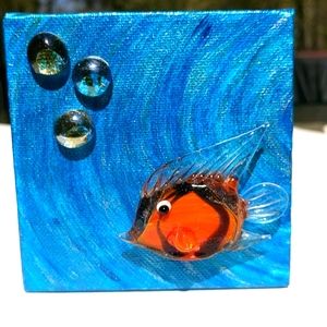 Original art mixed media fish bubbles ocean